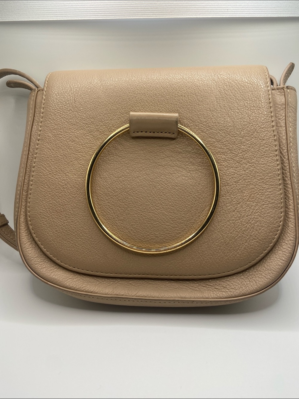 Thacker Taupe Pebbled Genuine Leather Handbag Crossbody Gold Ring EUC Nude Beige